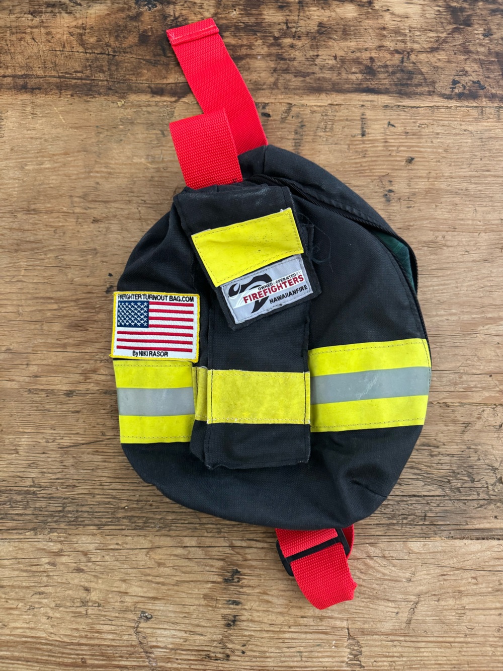 Firefighter Turnout Gear Backpack/Crossbody Black with Reflective Red Straps